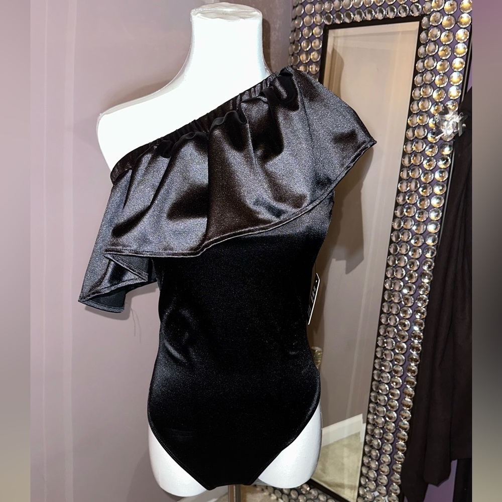 Express Black Satin One-Shoulder Bodysuit